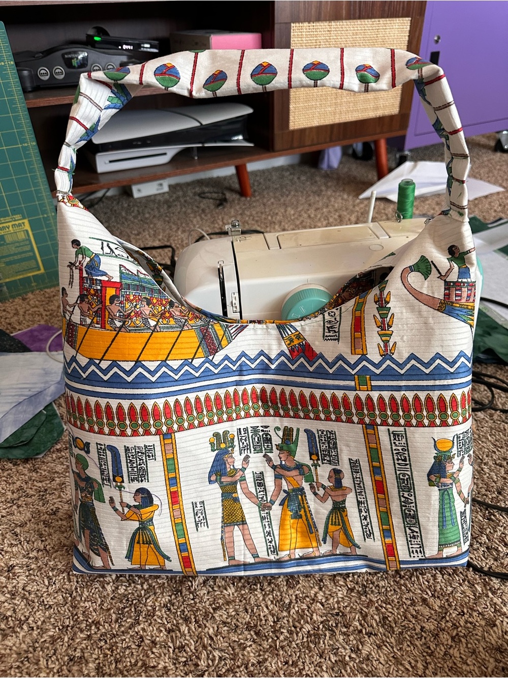 Egyptian Motif White Canvas Hobo Bag - Multicolor